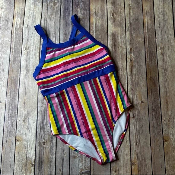 Calvin Klein Swimwear Rainbow Striped Teens Size 12/14 Strappy One Piece Blue - Picture 6 of 11